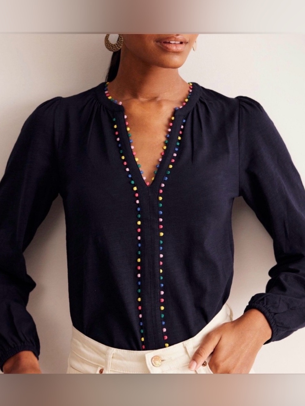 Boden Navy V-Neck Long Sleeve Blouse with Multicolor Pom Trim